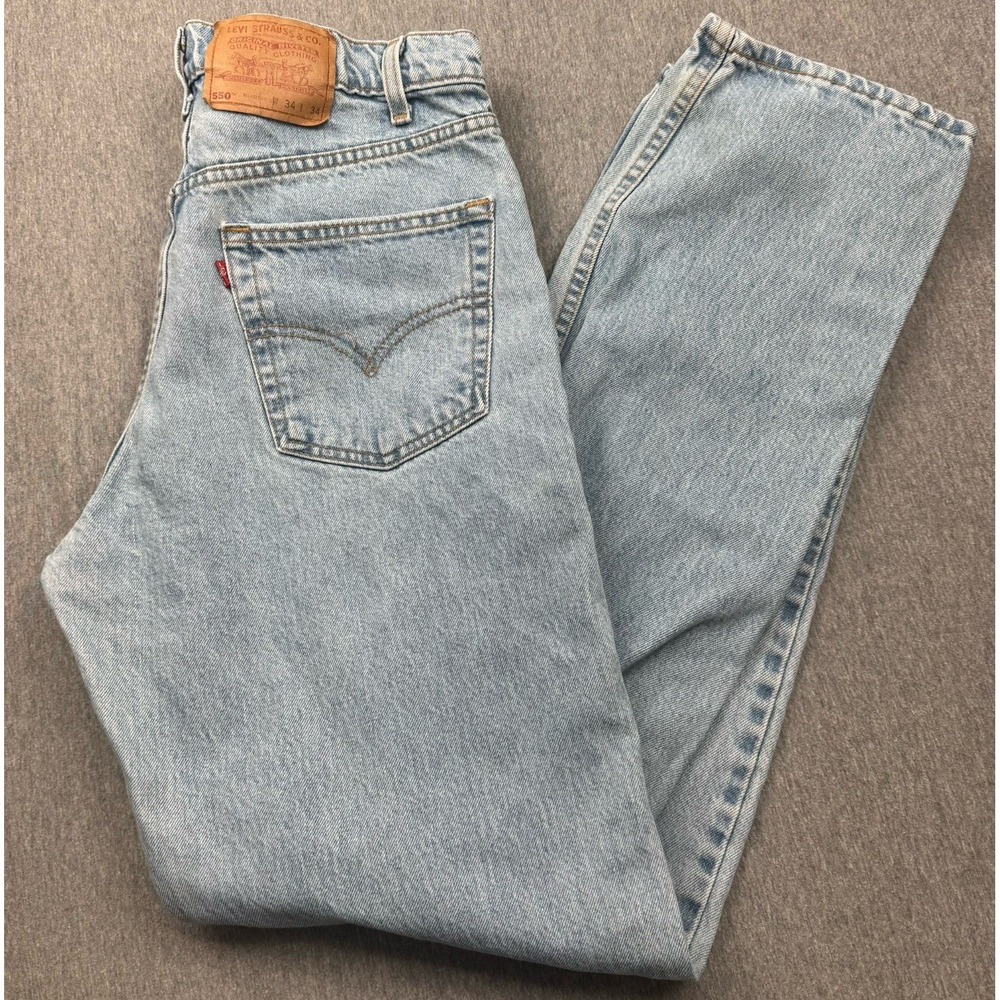 Levis 550‎ Jeans Relaxed Tapered Leg Distressed USA 34x34 Vtg 90s Y2K Light Wash